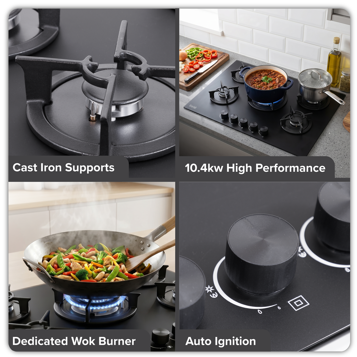Baridi DH384 70cm Gas Hob Matt Black with 5 Burners, Cast Iron Supports & Auto Ignition 10.4kW - additional view 5