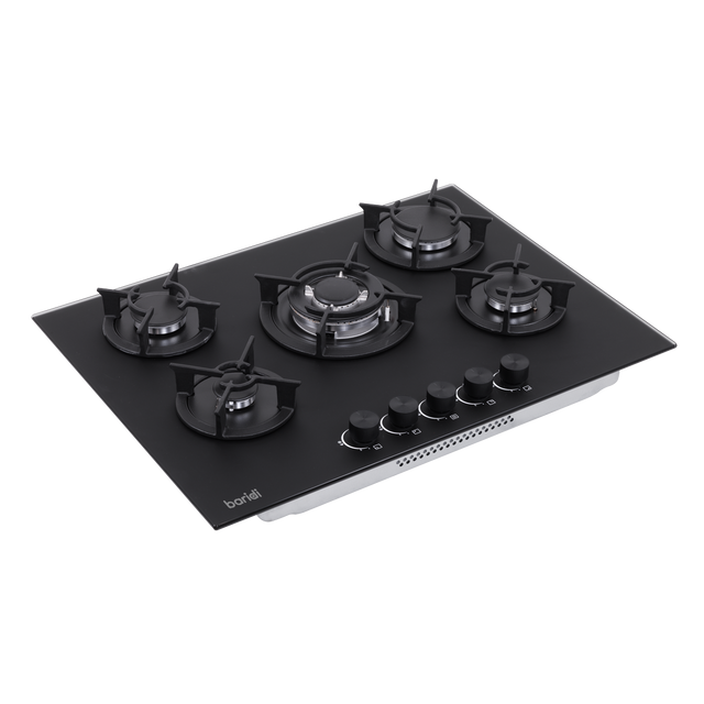 Baridi DH384 70cm Gas Hob Matt Black with 5 Burners, Cast Iron Supports & Auto Ignition 10.4kW
