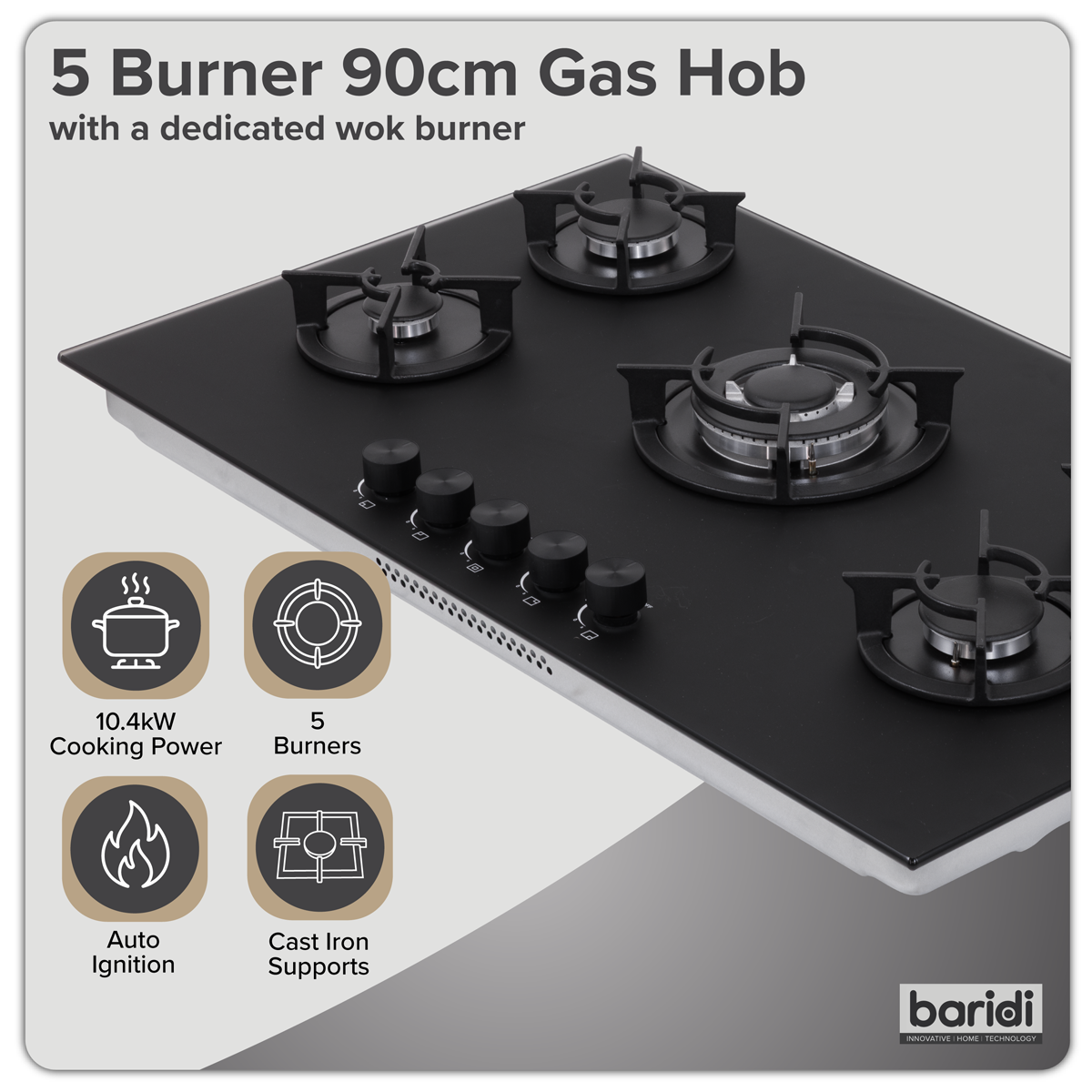 Baridi DH385 90cm Gas Hob Matt Black 5 Burners Cast Iron Supports & Auto Ignition 10.4kW - additional view 6