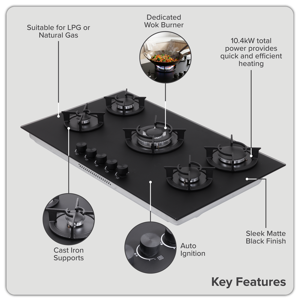 Baridi DH385 90cm Gas Hob Matt Black 5 Burners Cast Iron Supports & Auto Ignition 10.4kW - additional view 7
