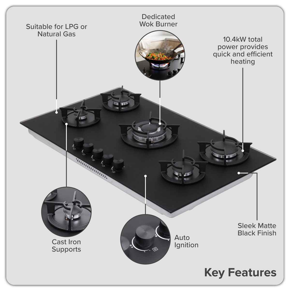 Baridi DH385 90cm Gas Hob Matt Black 5 Burners Cast Iron Supports & Auto Ignition 10.4kW - additional view 7