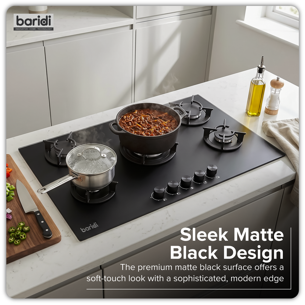 Baridi DH385 90cm Gas Hob Matt Black 5 Burners Cast Iron Supports & Auto Ignition 10.4kW - additional view 4