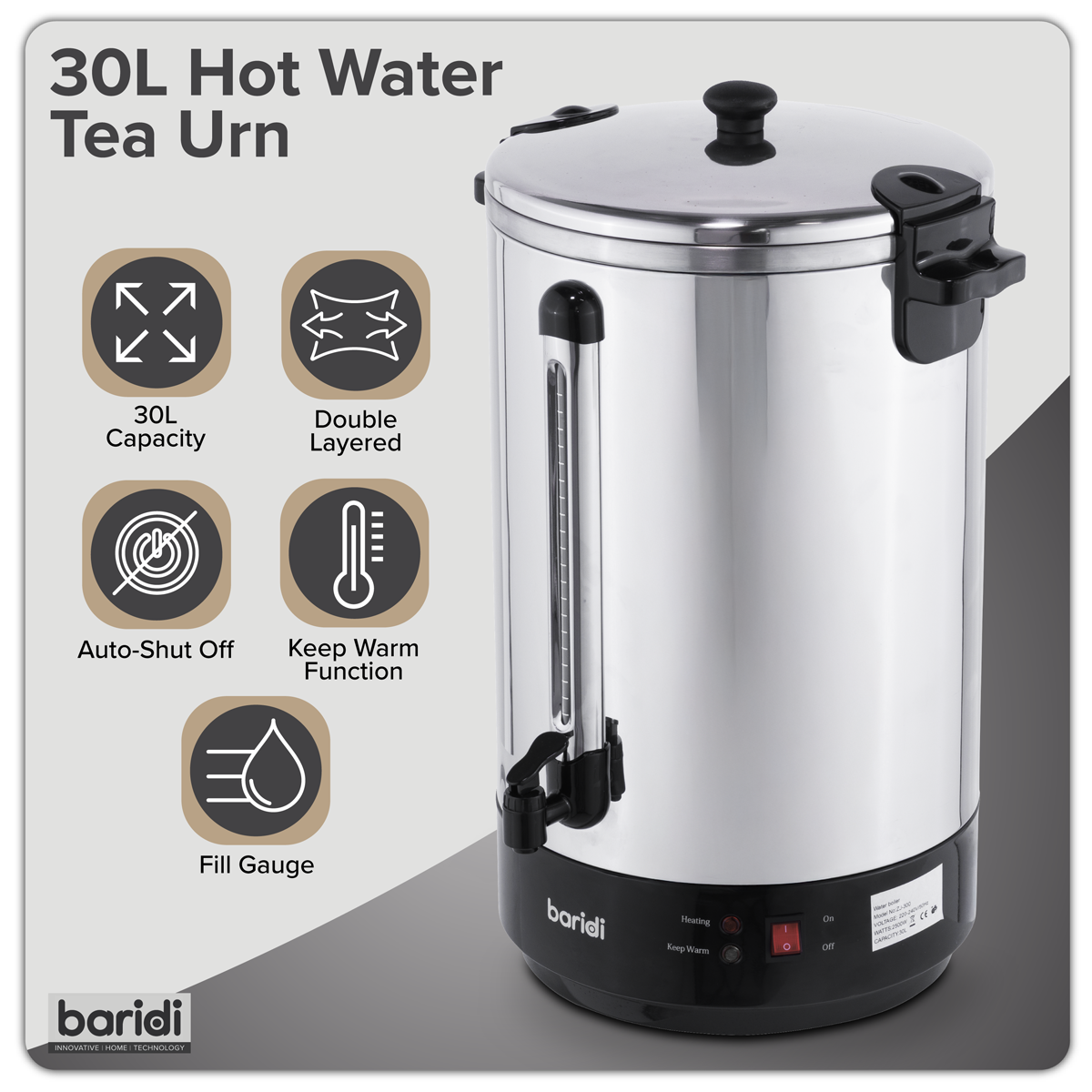 Baridi DH388 Hot Water Boiler, Tea Urn 30L Capacity - Stainless Steel - additional view 7