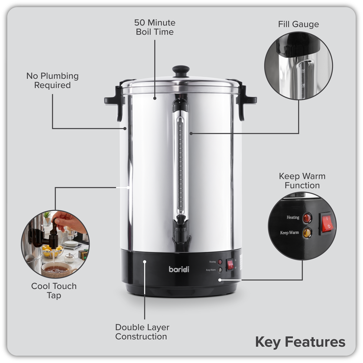 Baridi DH388 Hot Water Boiler, Tea Urn 30L Capacity - Stainless Steel - additional view 8
