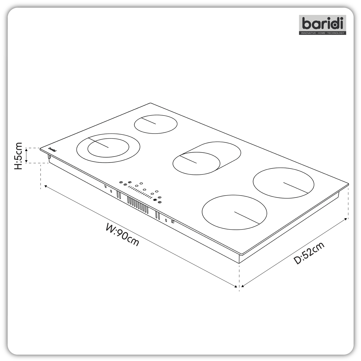 Baridi DH389 Integrated Ceramic Hob with 5 Cooking Zones 90cm - Black Glass - additional view 6
