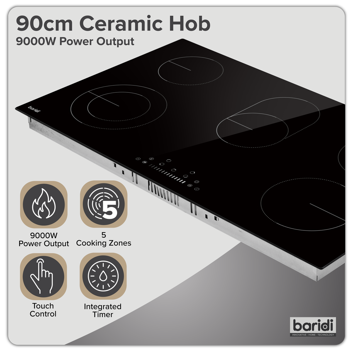 Baridi DH389 Integrated Ceramic Hob with 5 Cooking Zones 90cm - Black Glass - additional view 14