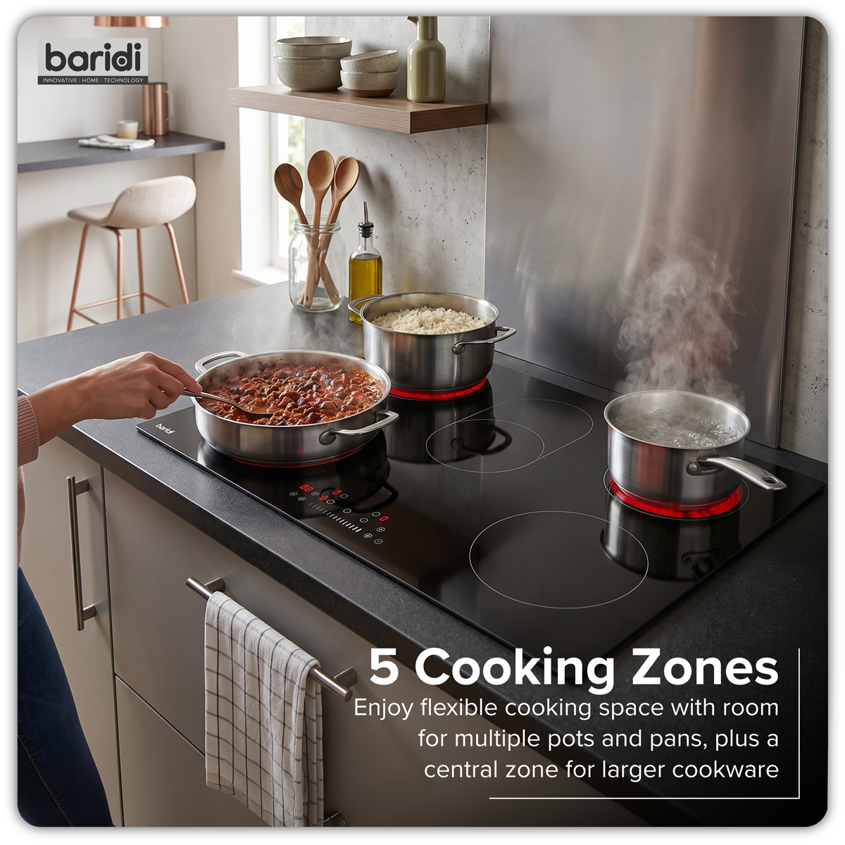 Baridi DH389 Integrated Ceramic Hob with 5 Cooking Zones 90cm - Black Glass - additional view 4