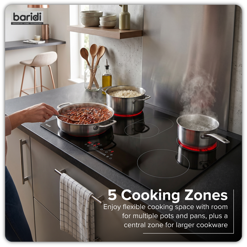 Baridi DH389 Integrated Ceramic Hob with 5 Cooking Zones 90cm - Black Glass - additional view 4