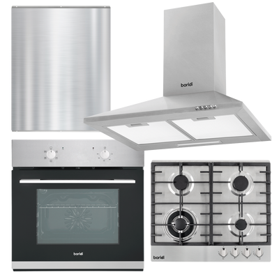 Baridi DH390 Kitchen Appliance Bundle - Integrated Fan-Assisted Oven, Stainless Steel Gas Hob, Chimney Cooker Hood &