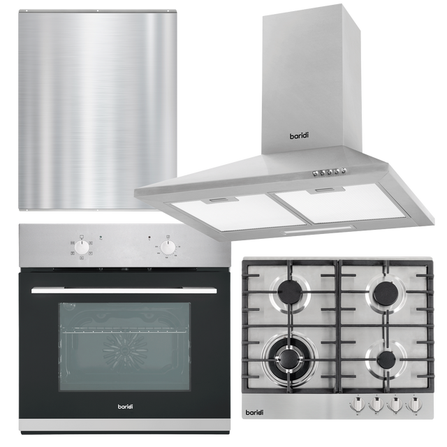 Baridi DH390 Kitchen Appliance Bundle - Integrated Fan-Assisted Oven, Stainless Steel Gas Hob, Chimney Cooker Hood &
