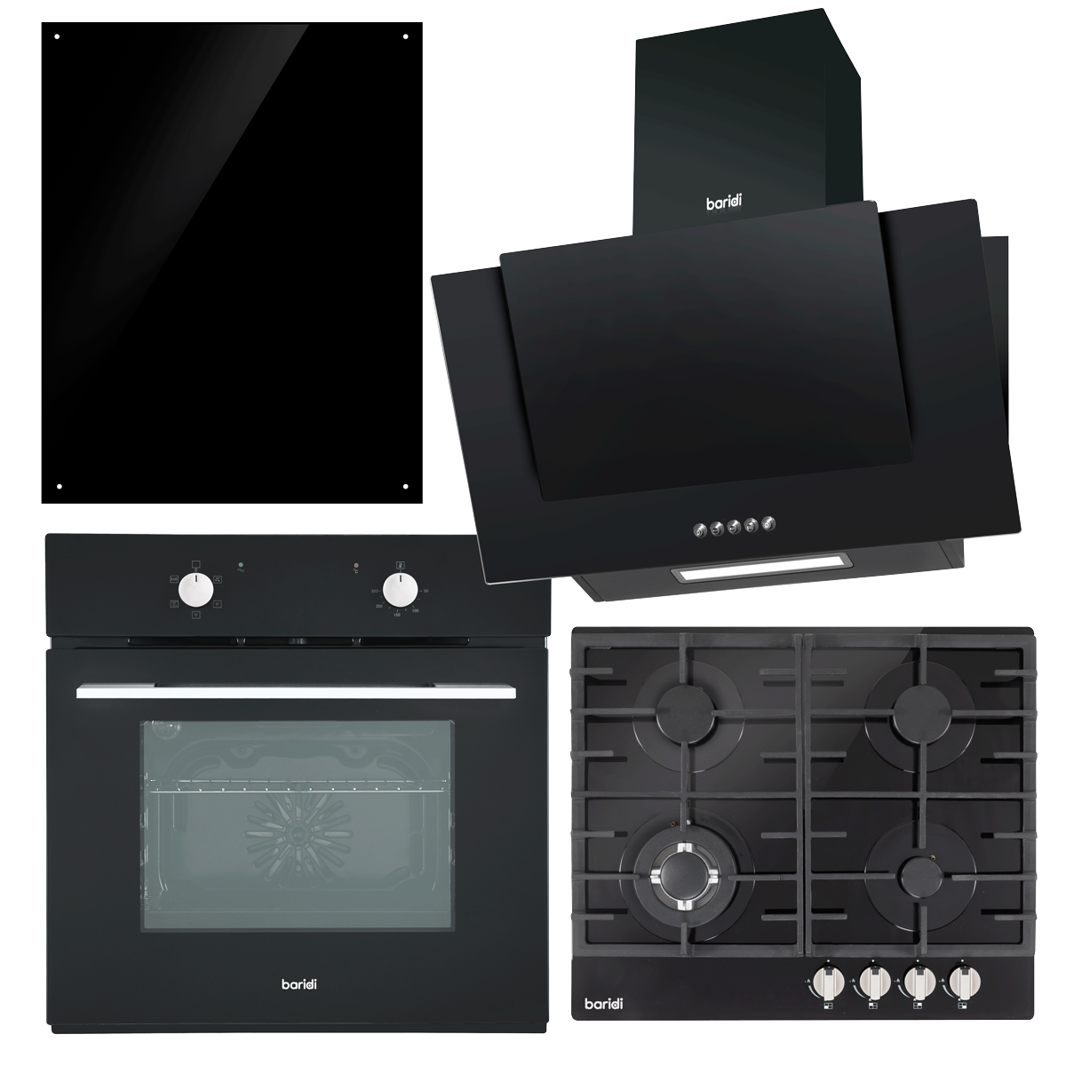 Baridi DH391 Kitchen Appliance Bundle - Integrated Fan-Assisted Oven, Black Glass Gas Hob, Angled Chimney Cooker Hood & Black