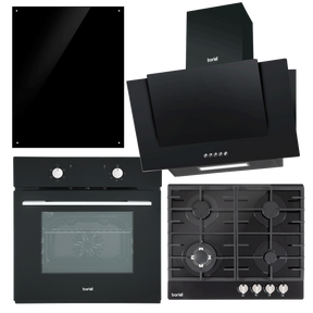 Baridi DH391 Kitchen Appliance Bundle - Integrated Fan-Assisted Oven, Black Glass Gas Hob, Angled Chimney Cooker Hood & Black
