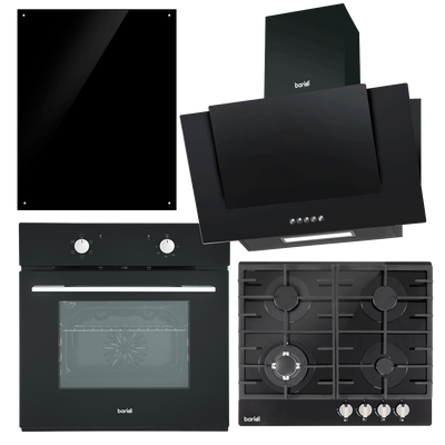 Baridi DH391 Kitchen Appliance Bundle - Integrated Fan-Assisted Oven, Black Glass Gas Hob, Angled Chimney Cooker Hood & Black