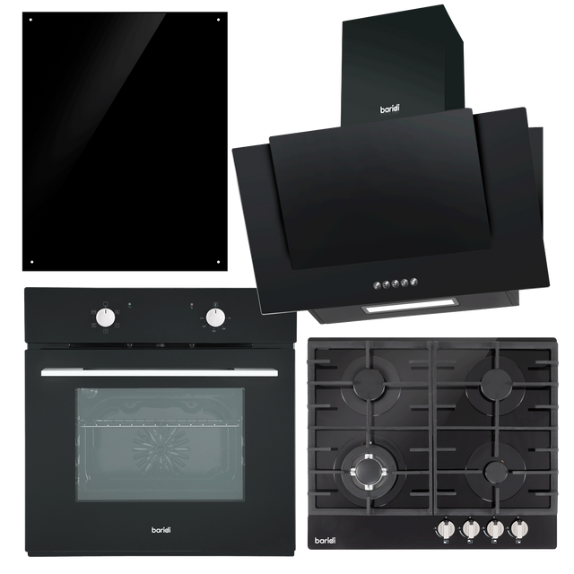 Baridi DH391 Kitchen Appliance Bundle - Integrated Fan-Assisted Oven, Black Glass Gas Hob, Angled Chimney Cooker Hood & Black