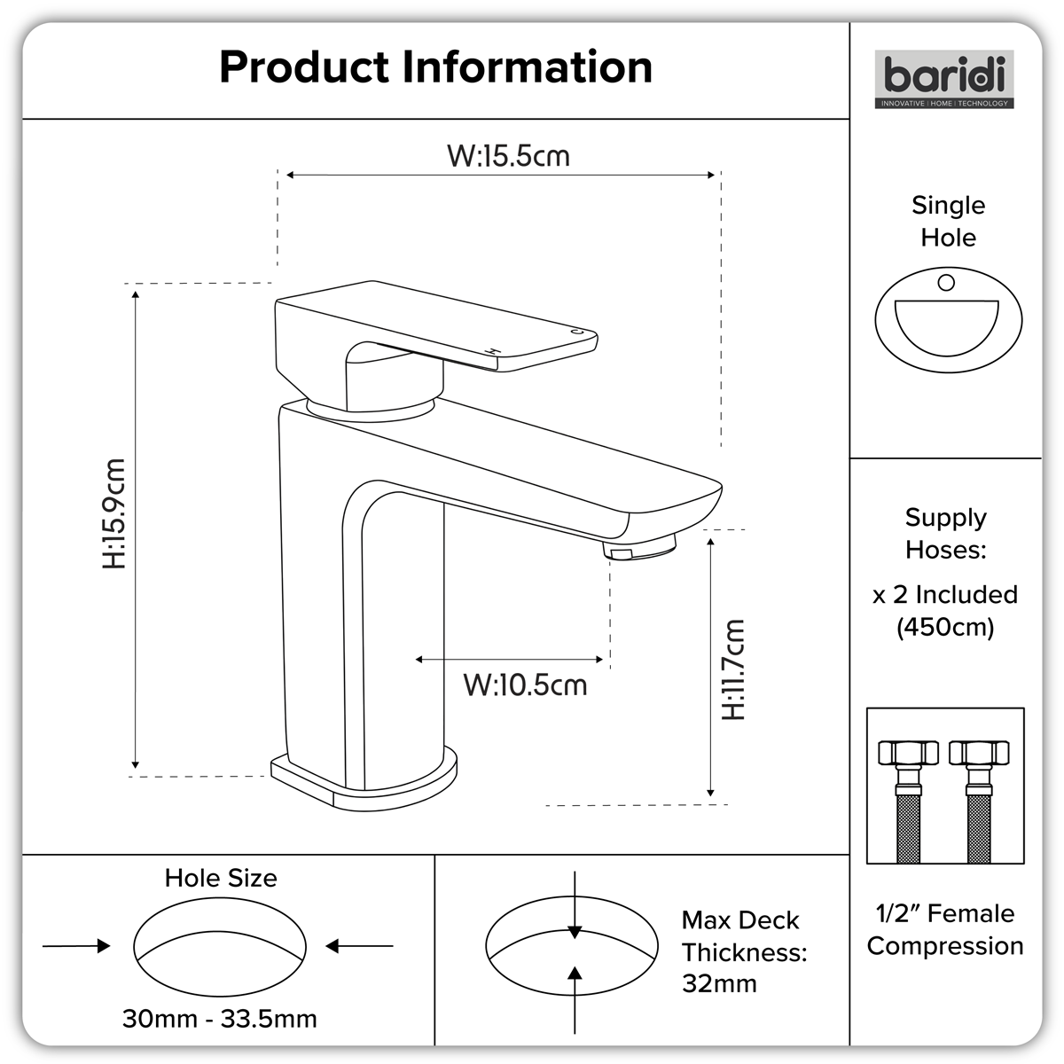 Baridi DH392 Basin Mixer Tap with Clicker Waste - Chrome - additional view 12