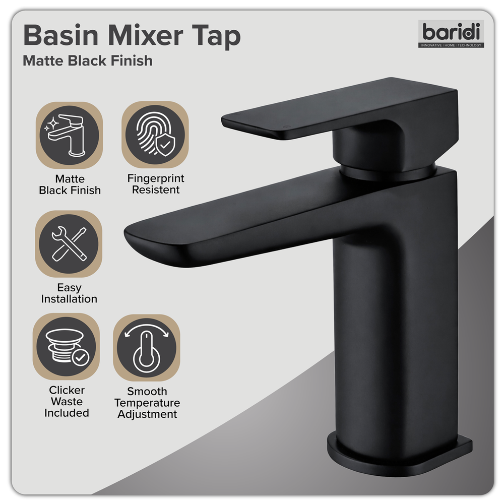 Baridi DH393 Basin Mixer Tap with Clicker Waste - Matt Black - additional view 8