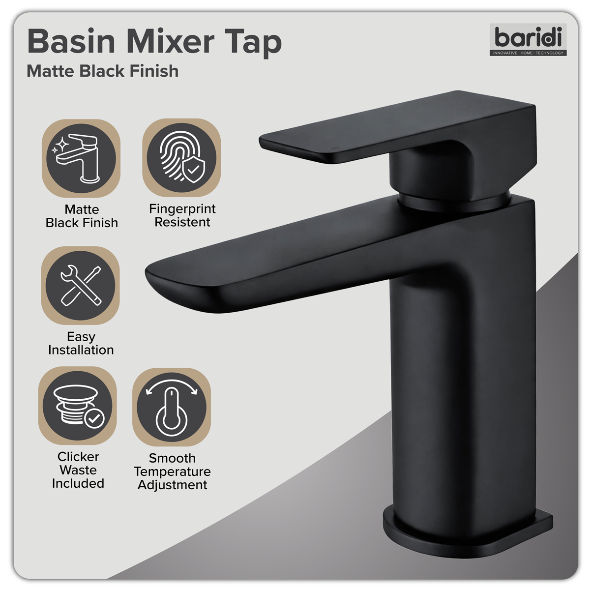 Baridi DH393 Basin Mixer Tap with Clicker Waste - Matt Black - additional view 8