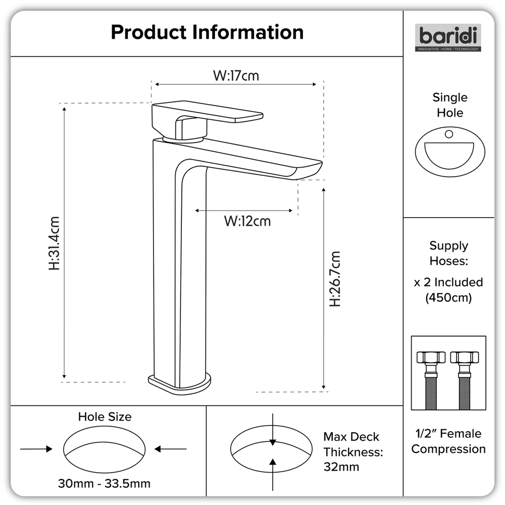 Baridi DH394 High Basin Mixer Tap with Clicker Waste - Chrome - additional view 2