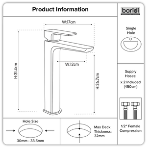 Baridi DH394 High Basin Mixer Tap with Clicker Waste - Chrome - additional view 2