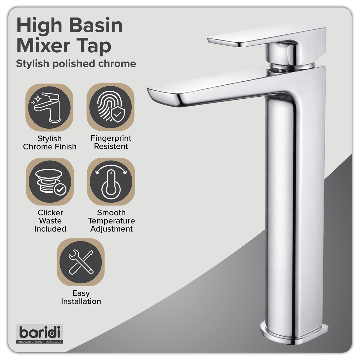 Baridi DH394 High Basin Mixer Tap with Clicker Waste - Chrome - additional view 9