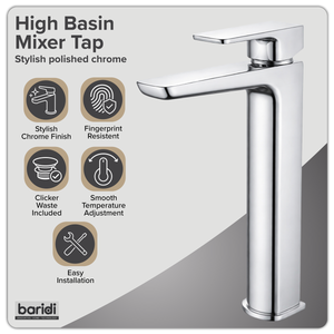 Baridi DH394 High Basin Mixer Tap with Clicker Waste - Chrome - additional view 9