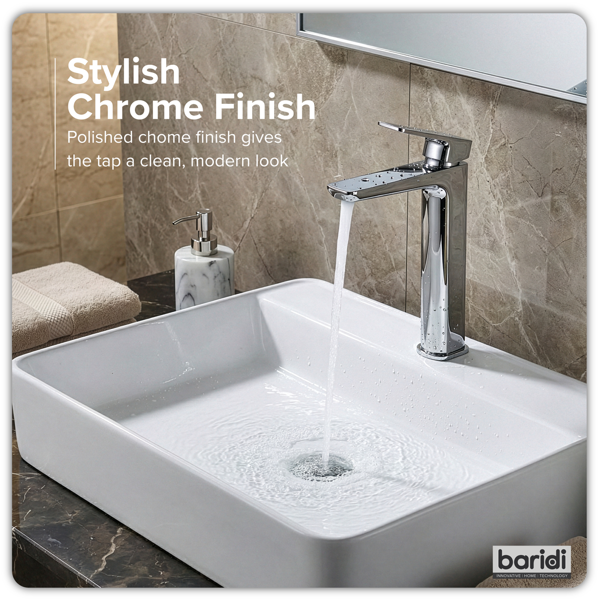 Baridi DH394 High Basin Mixer Tap with Clicker Waste - Chrome - additional view 3