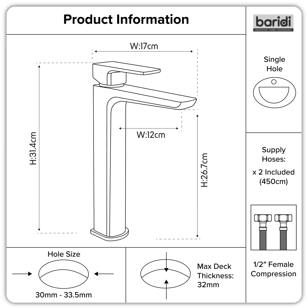 Baridi DH395 High Basin Mixer Tap with Clicker Waste - Matt Black - additional view 9