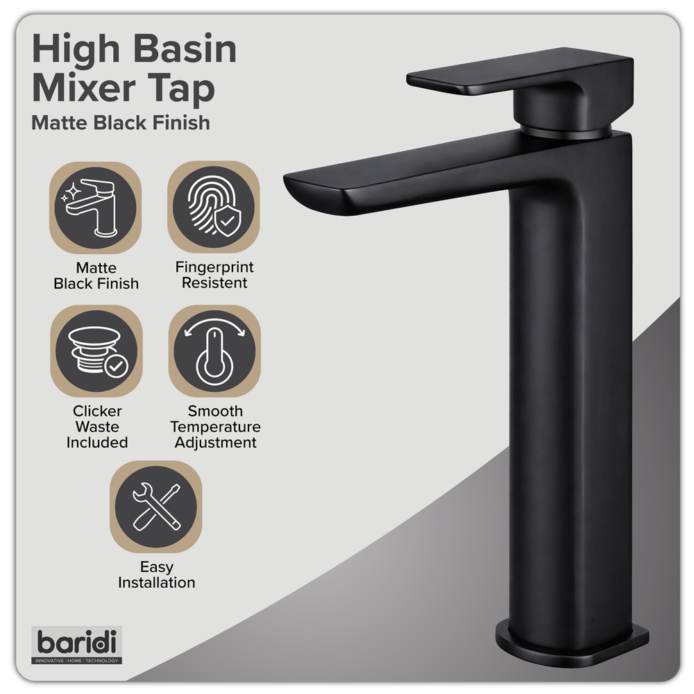Baridi DH395 High Basin Mixer Tap with Clicker Waste - Matt Black - additional view 3