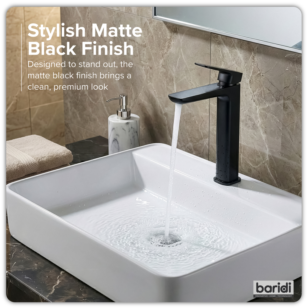 Baridi DH395 High Basin Mixer Tap with Clicker Waste - Matt Black - additional view 2