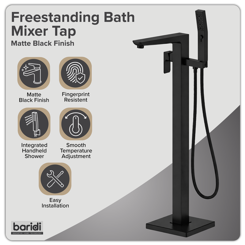 Baridi DH401 Freestanding Bath Mixer Tap with Shower - Matt Black - additional view 9