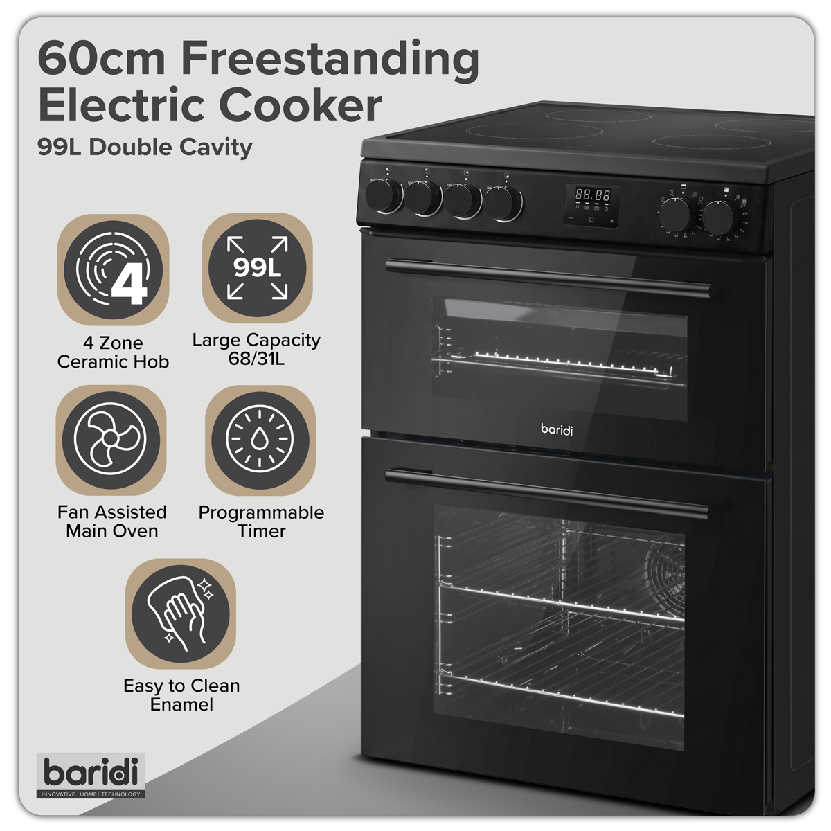 Baridi DH429 60cm Freestanding Cooker with 99L Double Cavity & Ceramic Hob - Black - additional view 11