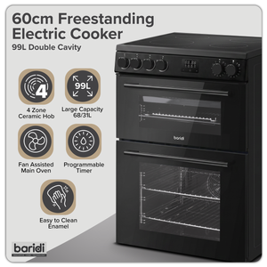 Baridi DH429 60cm Freestanding Cooker with 99L Double Cavity & Ceramic Hob - Black - additional view 11