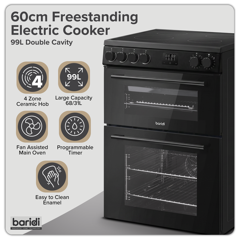 Baridi DH429 60cm Freestanding Cooker with 99L Double Cavity & Ceramic Hob - Black - additional view 11
