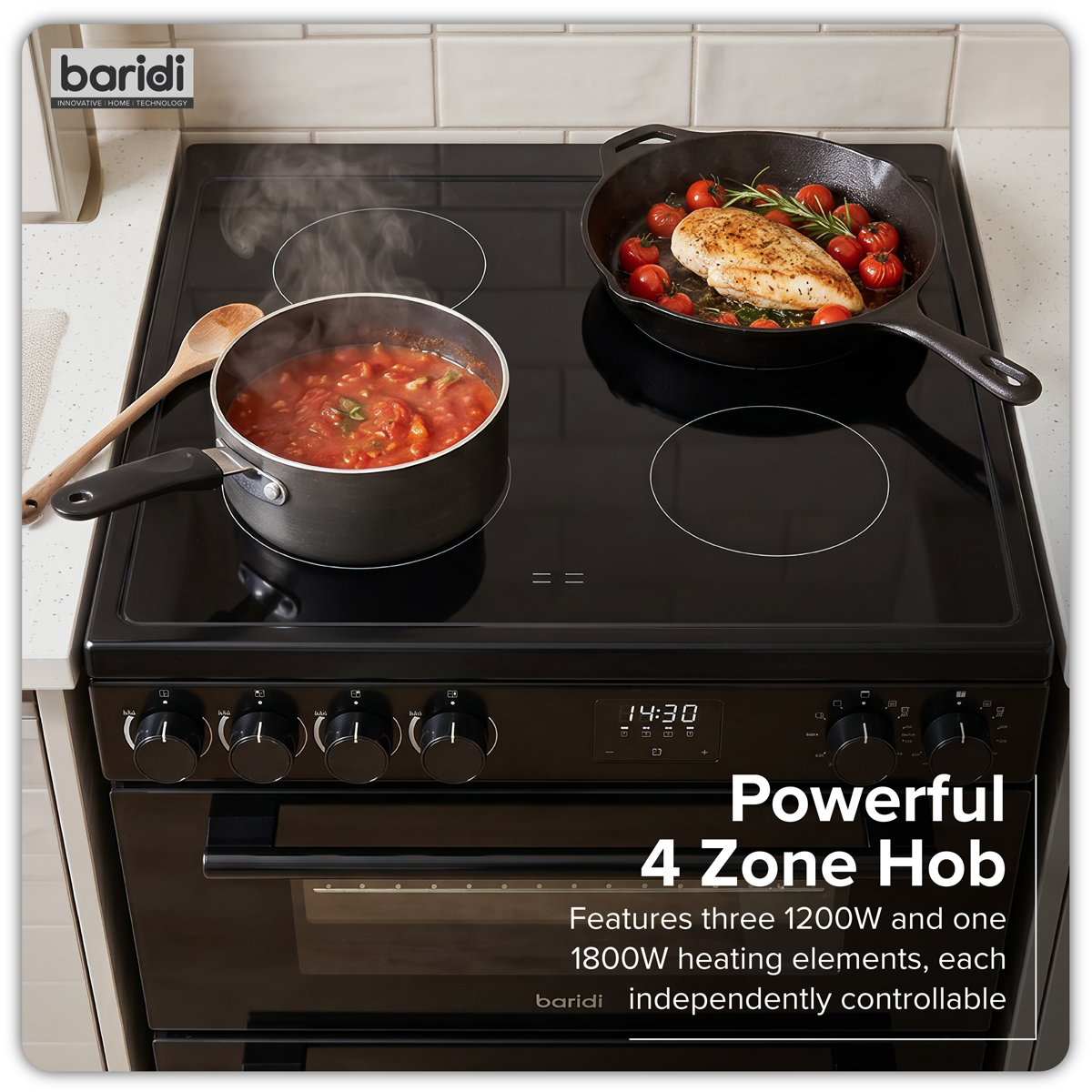 Baridi DH429 60cm Freestanding Cooker with 99L Double Cavity & Ceramic Hob - Black - additional view 10