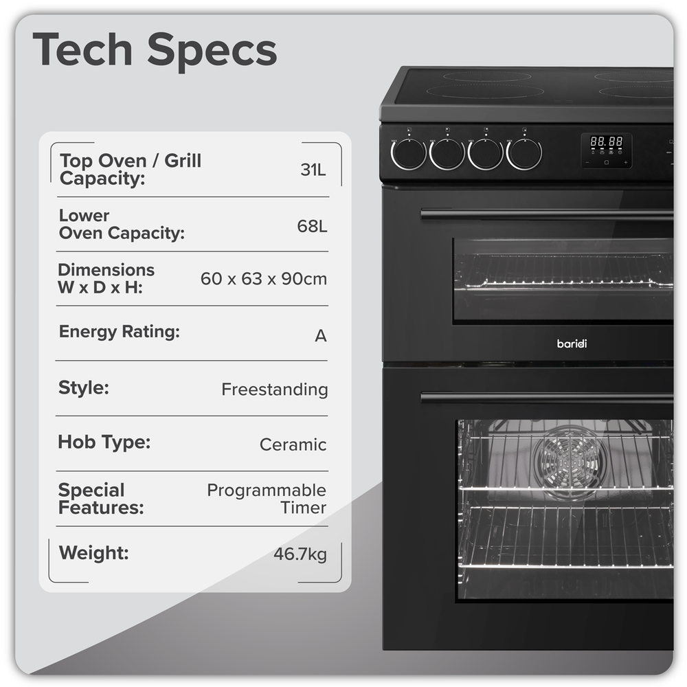 Baridi DH429 60cm Freestanding Cooker with 99L Double Cavity & Ceramic Hob - Black - additional view 12