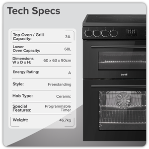 Baridi DH429 60cm Freestanding Cooker with 99L Double Cavity & Ceramic Hob - Black - additional view 12