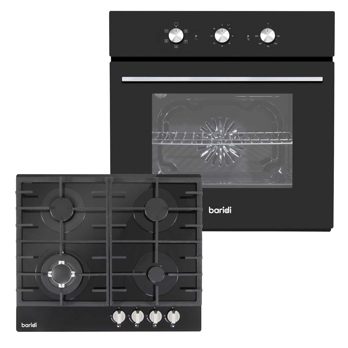 Baridi DH448 Integrated Fan-Assisted Oven with Timer & Black Glass Gas Hob Appliance Bundle - 60cm
