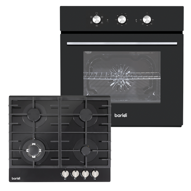 Baridi DH448 Integrated Fan-Assisted Oven with Timer & Black Glass Gas Hob Appliance Bundle - 60cm