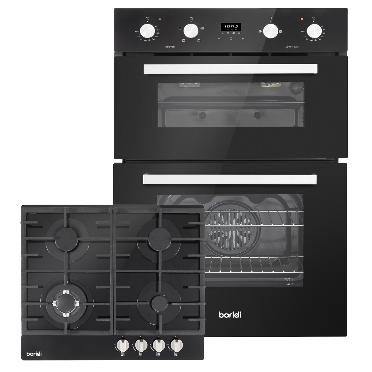 Baridi DH449 72cm Built-Under Double Oven & Black Glass Gas Hob Appliance Bundle - 60cm Wide