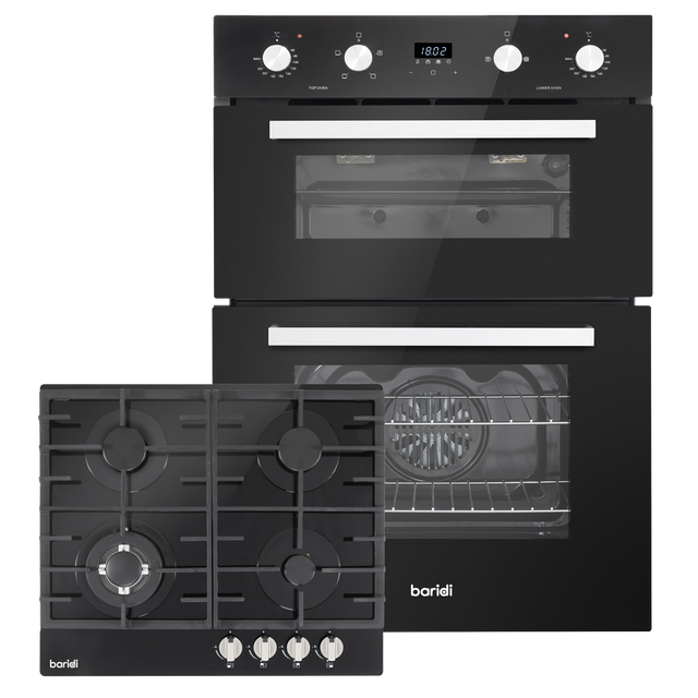 Baridi DH449 72cm Built-Under Double Oven & Black Glass Gas Hob Appliance Bundle - 60cm Wide