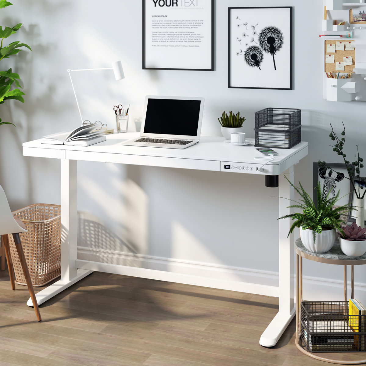 Dellonda DH54 Single Motor Ultra-Quiet Electric Desk with Control Panel, USB Port & Drawer - White - additional view 11