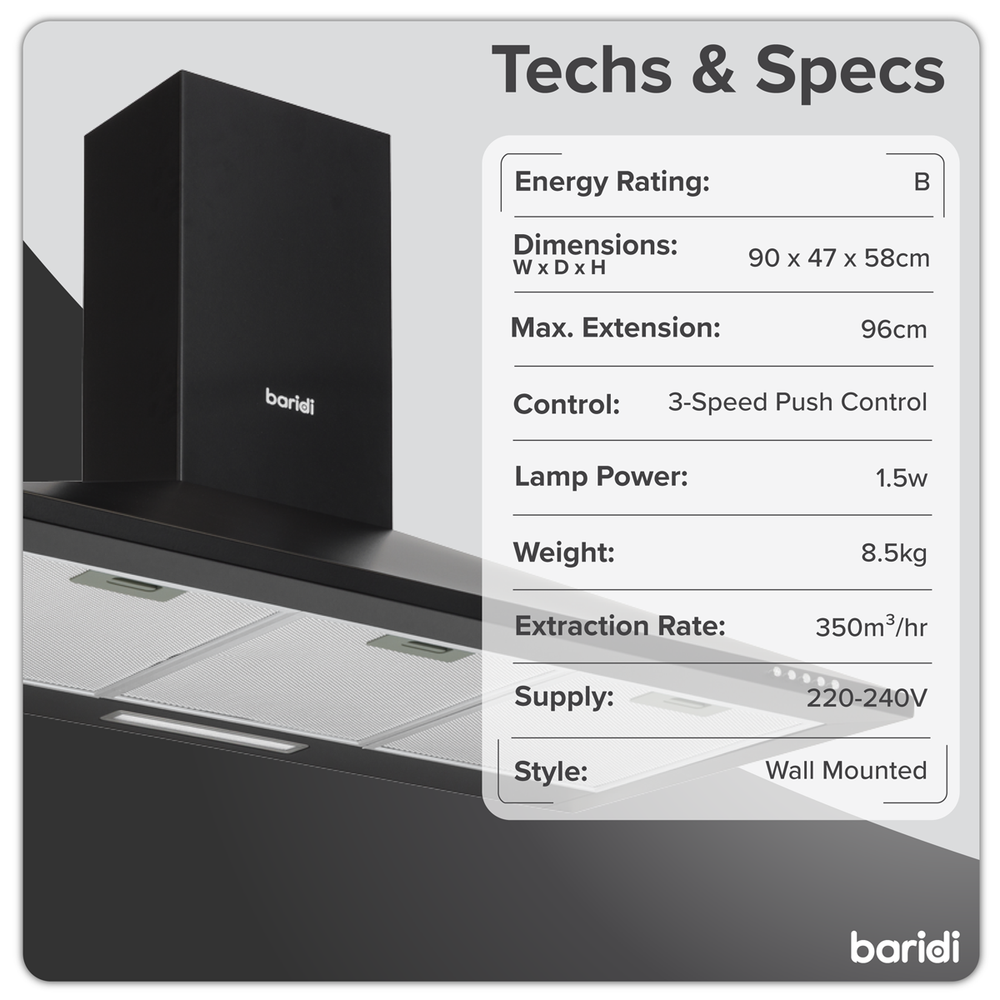 Baridi DH59 Cooker Hood, Chimney Style with Carbon Filters 90cm - Black - additional view 5