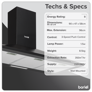 Baridi DH59 Cooker Hood, Chimney Style with Carbon Filters 90cm - Black - additional view 5