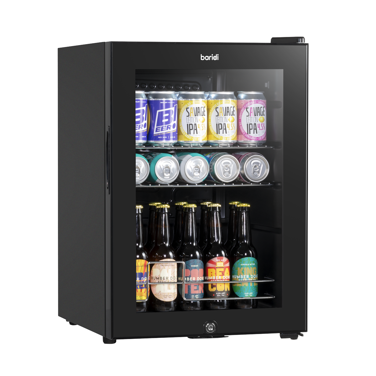 Baridi DH62 Beer & Drinks Fridge with Wire Shelves, LED Light & Security Lock 60L - Black