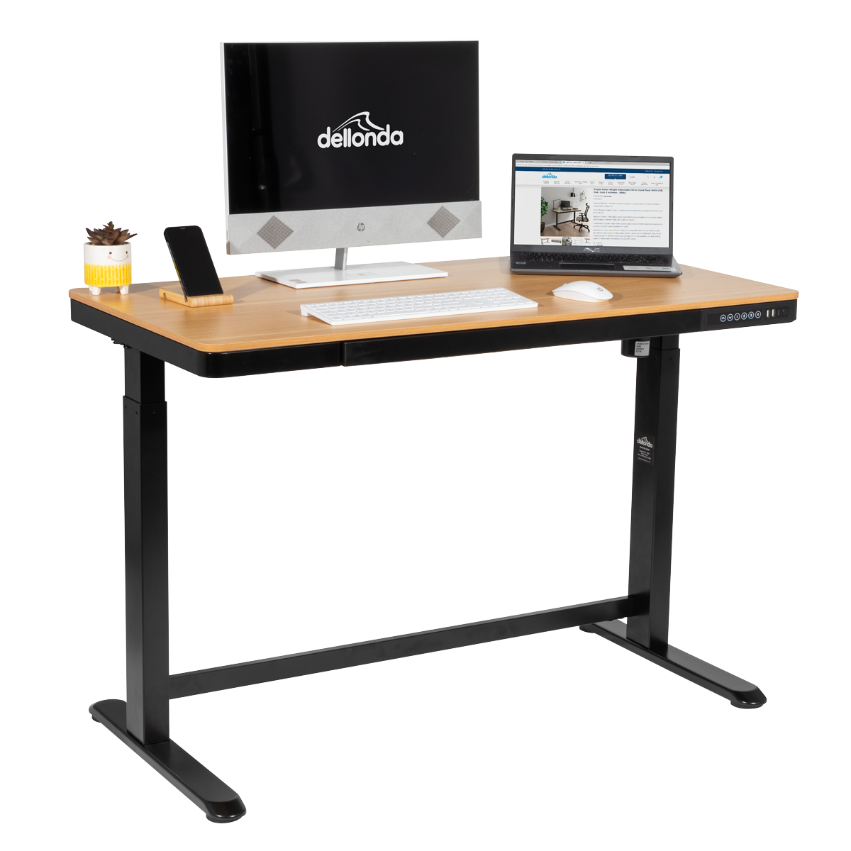 Dellonda DH65 Single Motor Ultra-Quiet Electric Desk with Control Panel, USB Port & Drawer - Oak Desktop - additional view 4
