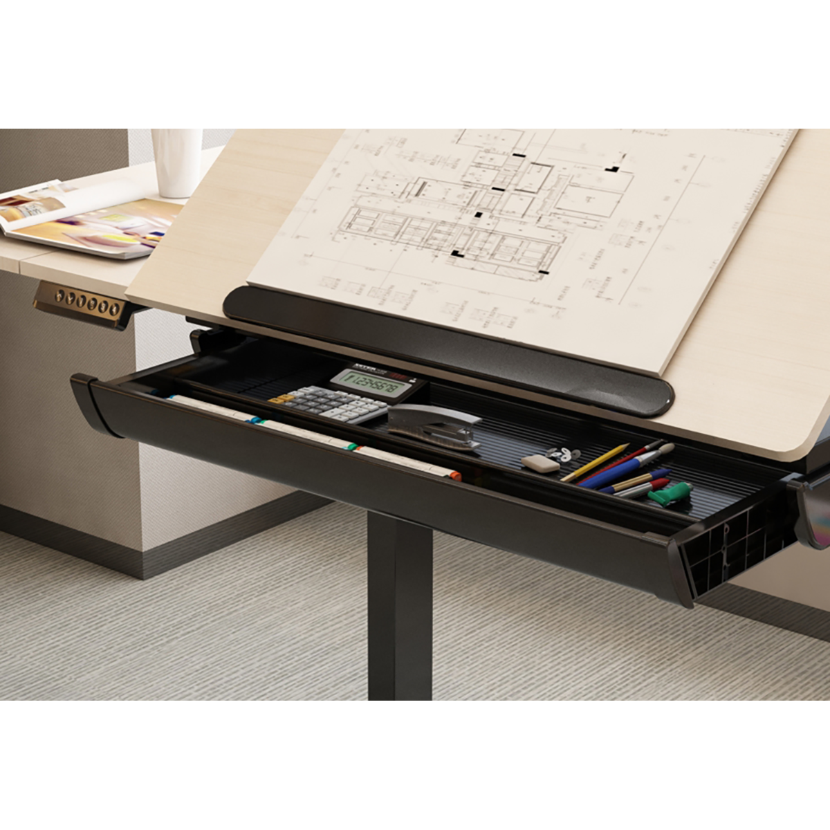 Dellonda DH71 Single Motor Ultra-Quiet Electric Adjustable Drawing Table with 40° Tilt, Drawer & Side - additional view 6