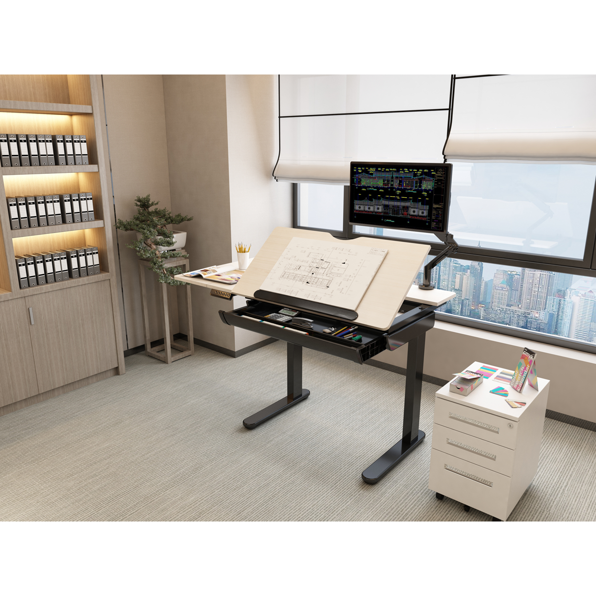 Dellonda DH71 Single Motor Ultra-Quiet Electric Adjustable Drawing Table with 40° Tilt, Drawer & Side - additional view 8
