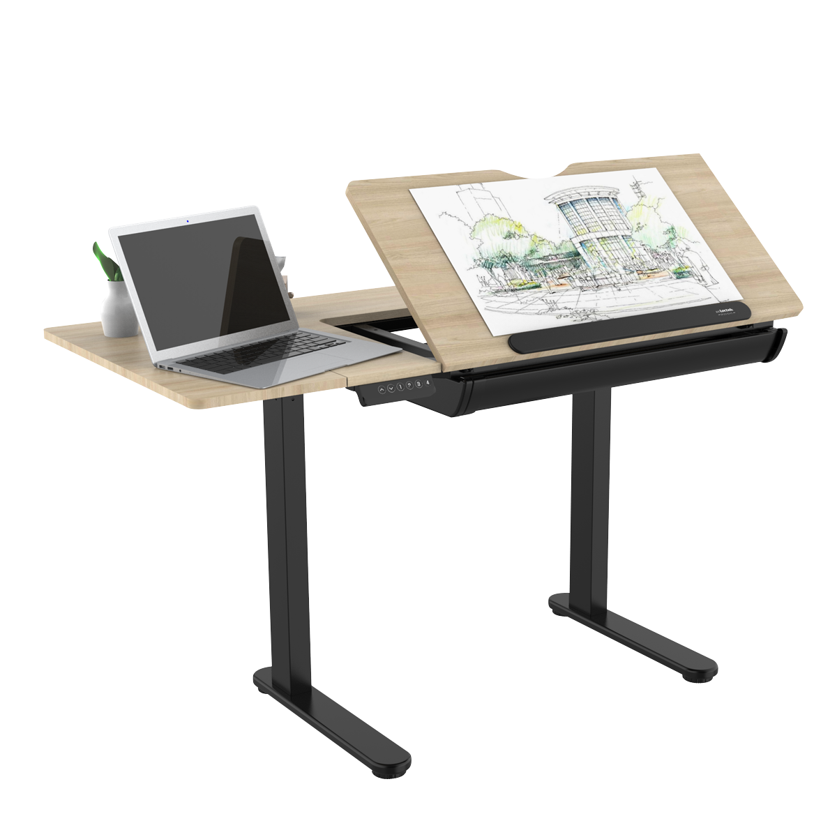Dellonda DH71 Single Motor Ultra-Quiet Electric Adjustable Drawing Table with 40° Tilt, Drawer & Side - additional view 13