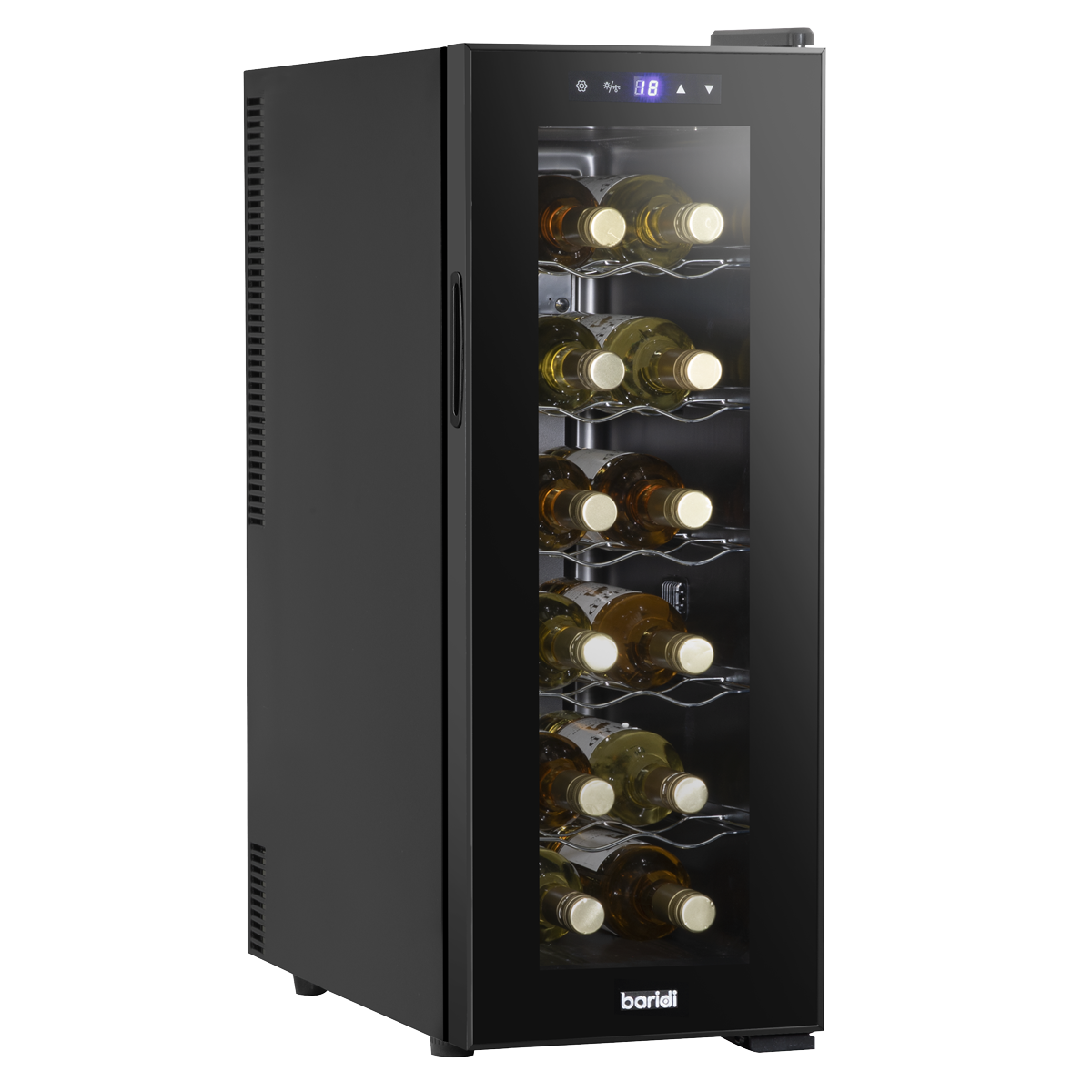 Baridi DH73 12 Bottle Wine Fridge with Digital Touch Screen Controls, Metal Shelves & LED Light - Black