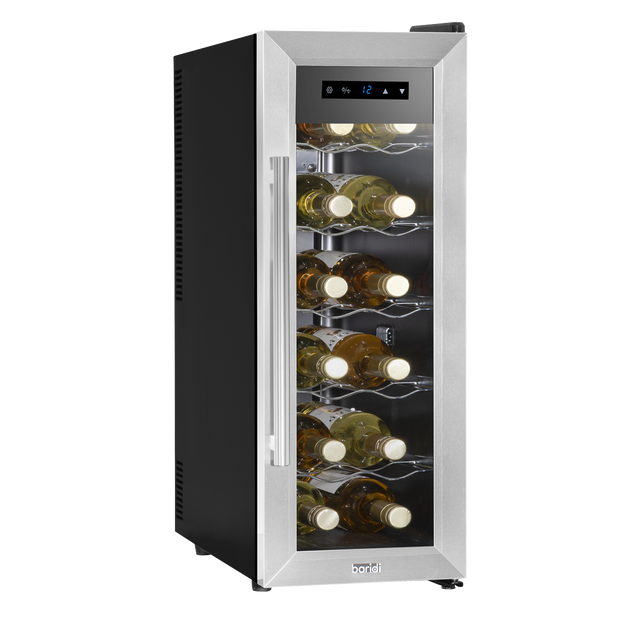 Baridi DH74 12 Bottle Wine Fridge with Digital Touch Screen Controls, Metal Shelves & LED Light - Stainless Steel